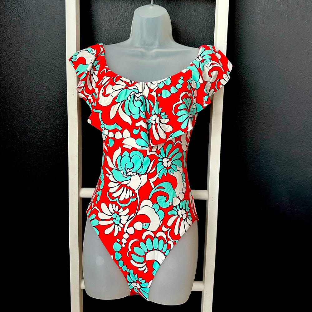 Trina Turk - FLORAL OFF THE SHOULDER RUFFLE ONE PIECE SWIMSUIT